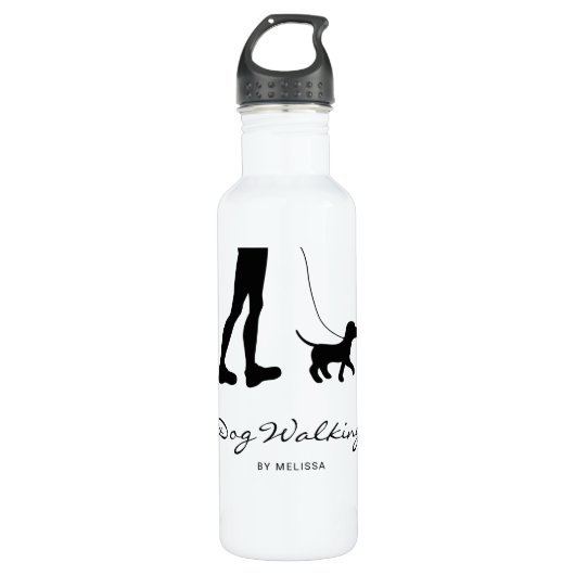 Dog Walker Woman & Dog - Schwarze Silhouette & Tex Edelstahlflasche (Vorderseite)
