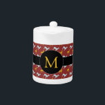 Dog Year 2018 Zodiac Birthday Monogram Teapot<br><div class="desc">Maßgeschneiderter Teekessel mit blauen und gelben Hundemustern auf dunkelrotem Hintergrund schwarzes Band und rundem Tag für Monogram vorne. Sie können das Monogramm einfach ändern und Text (Schriftart, Farbe, Größe und Position) hinzufügen, indem Sie auf die Schaltfläche Anpassen klicken. Passende Stoffserviette, Tischset und viele andere Produkte... Perfekt für Chinesisch Neujahr des...</div>