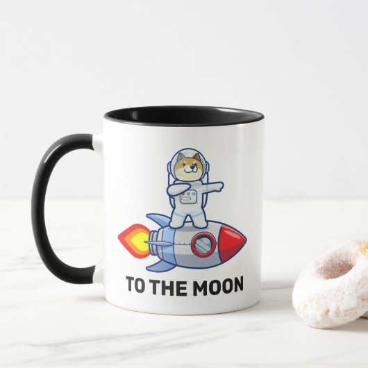 Dogecoin zum Moon Rocket Man Weltraumdampf Krypto Tasse (Mit Donut)
