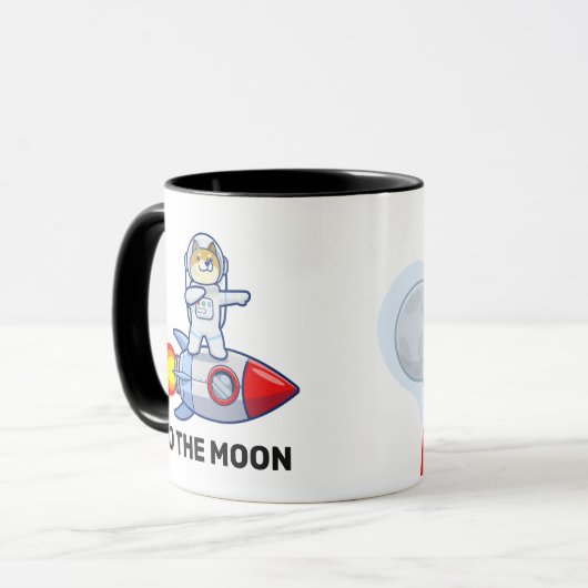 Dogecoin zum Moon Rocket Man Weltraumdampf Krypto Tasse (Vorderseite Links)