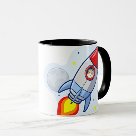 Dogecoin zum Moon Rocket Man Weltraumdampf Krypto Tasse (VorderseiteRechts)
