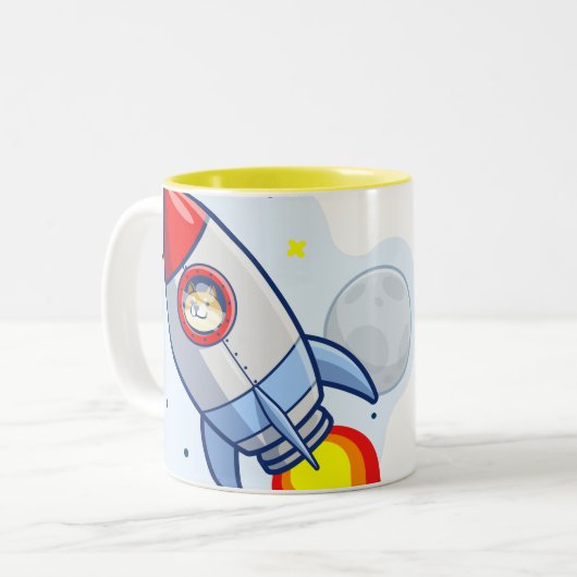 Dogecoin zum Moon Rocket Man Weltraumdampf Krypto  Zweifarbige Tasse (Vorderseite Links)