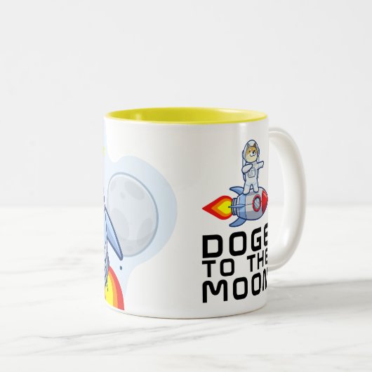 Dogecoin zum Moon Rocket Man Weltraumdampf Krypto  Zweifarbige Tasse (VorderseiteRechts)