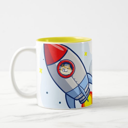 Dogecoin zum Moon Rocket Man Weltraumdampf Krypto  Zweifarbige Tasse (Links)