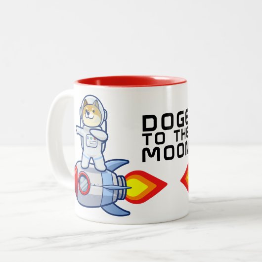 Dogecoin zum Moon Rocket Man Weltraumdampf Krypto  Zweifarbige Tasse (Vorderseite Links)