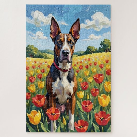 Dogge Spring Tulpenfeld Deutsche Dogge Puzzle (Vertikal)