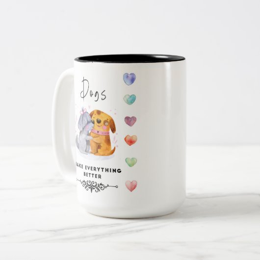 Dogs Make Everything Better Mug – Two Happy Dogs I Zweifarbige Tasse (Vorderseite Links)
