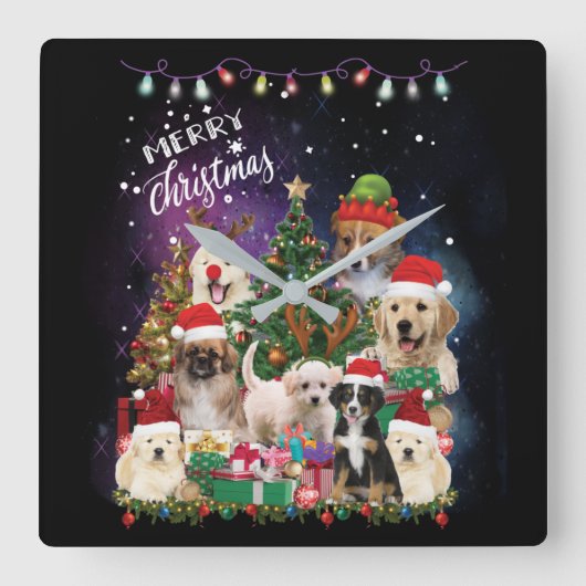dogs Merry christmas Light Quadratische Wanduhr (Vorderseite)