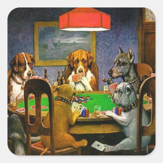 Dogs Playing Poker Quadratischer Aufkleber (Vorderseite)