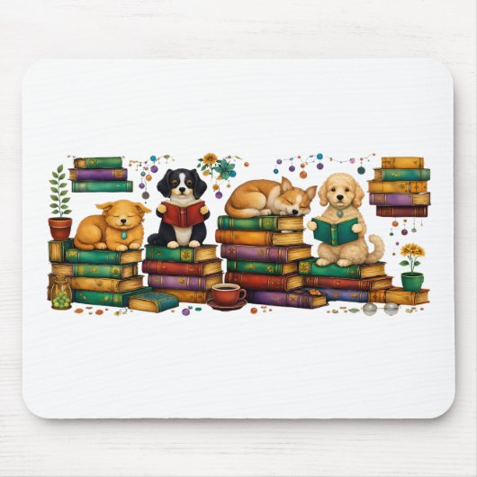 Dogs Reading Books Cozy Library Scene Mousepad (Vorne)