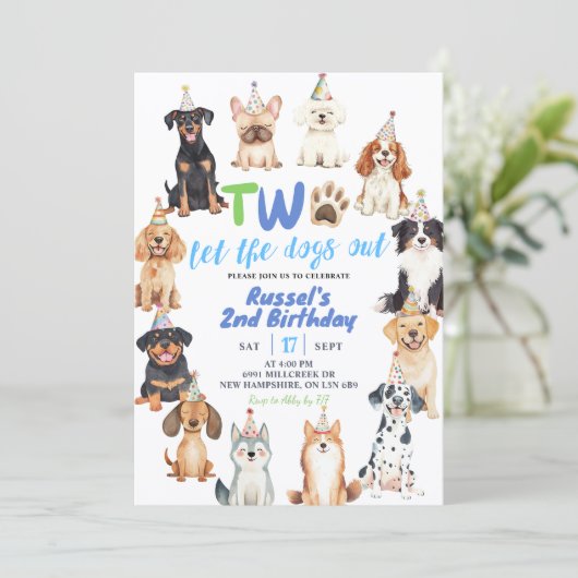 Dogs Second Birthday Einladung (Stehend Vorderseite)