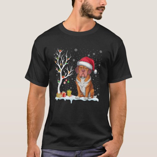 Dogue De Bordeaux Dog Santa Hat Festive Tree Light T-Shirt (Vorderseite)