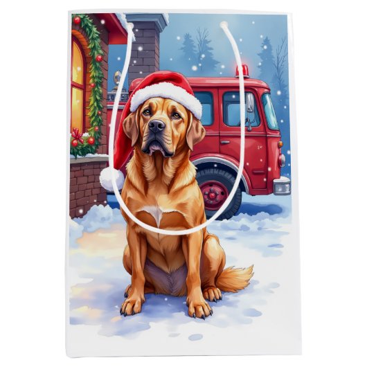 Dogue de Bordeaux Firefighter Station Santa Hat Mittlere Geschenktüte (Vorderseite)