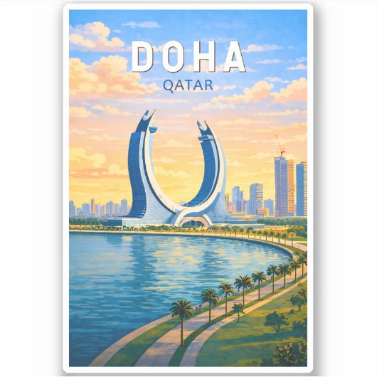 Doha Katar Illustration Reise Kunst Vintage Aufkleber (Vorderseite)