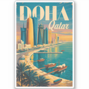 Doha Katar Skyline Illustration Reise Kunst Vintag Aufkleber