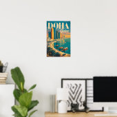 Doha Katar Skyline Illustration Reise Kunst Vintag Poster (Heimbüro)
