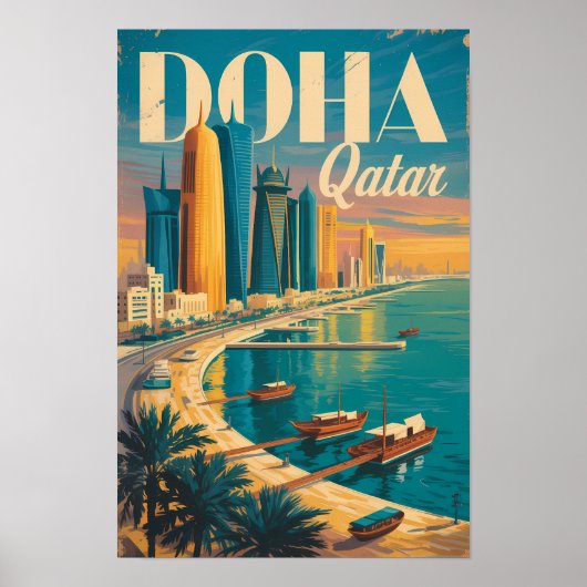 Doha Katar Skyline Illustration Reise Kunst Vintag Poster (Vorne)