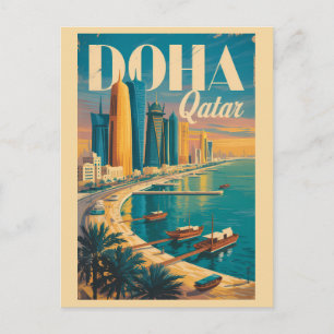 Doha Katar Skyline Illustration Reise Kunst Vintag Postkarte