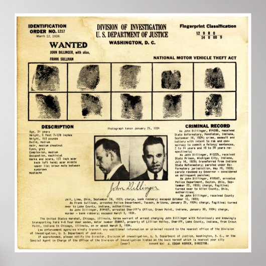 DOJ Identification order 1217 John Dillinger Poster (Vorne)