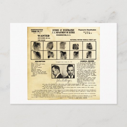 DOJ Identification order 1217 John Dillinger Postkarte (Vorderseite)