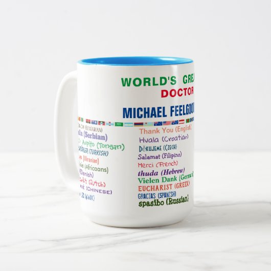 Doktor danke Ihnen in 30 Sprachen Zweifarbige Tasse (Vorderseite Links)