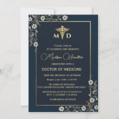 Doktor der Medizin Navy Blue and Gold Floral Einladung (Vorderseite)