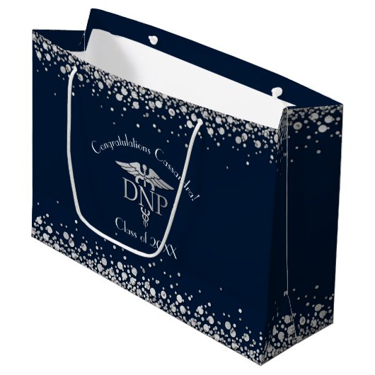 Doktor Nursing Practice Abschluss NavyBlue Silber Große Geschenktüte (Vorderseite Schrägansicht)
