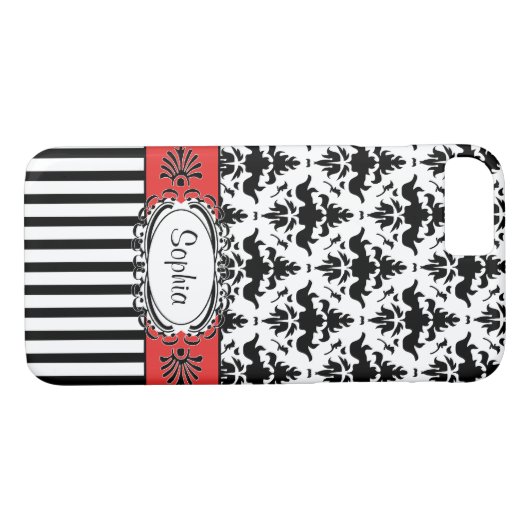 Dolce Vita Retro roter, Schwarzweiss-Damast Case-Mate iPhone Hülle (Rückseite (Horizontal))