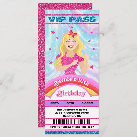Doll Pink Glitzern Movie Star VIP Tickets Geburtst Einladung (Vorne/Hinten)