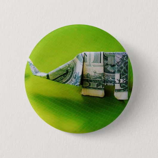 Dollar-Bill Origami Elephant auf grünem Hintergrun Button (Vorderseite)