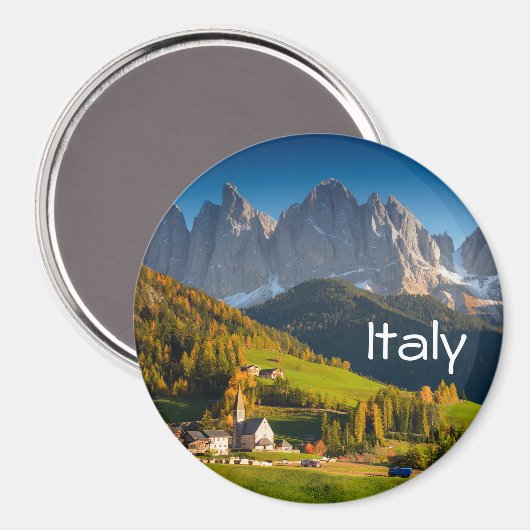 Dolomiten Dorf Herbst Magnet mit Text (Vorderseite/Rückseite)