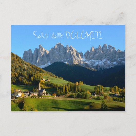 Dolomiten Dorf Herbst 'saluti' Postkarte (Vorderseite)