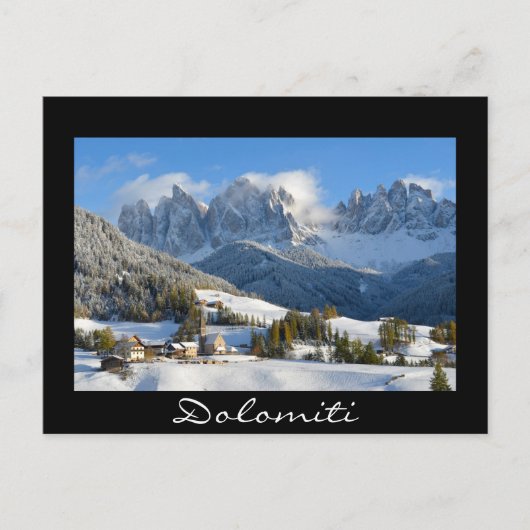 Dolomiten Dorf im Winter schwarzer Text Postkarte (Vorderseite)