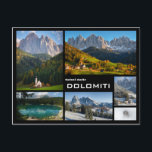 Dolomiten Foto schwarzer Text Postkarte<br><div class="desc">Postkarte einer Collage mit mehreren Fotos der Dolomiten,  wie Funes Valley,  Lake Carezza,  Tre Cime di Lavaredo und Seiser Alm in Italien mit einem schwarzen Rahmen und dem Text: 'Saluti dalle Dolomiti',  was 'Grüße aus den Dolomiten' bedeutet.</div>