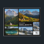 Dolomiten Foto schwarzer Text Postkarte<br><div class="desc">Postkarte einer Collage mit mehreren Fotos der Dolomiten,  wie Funes Valley,  Lake Carezza,  Tre Cime di Lavaredo und Seiser Alm in Italien mit einem schwarzen Rahmen und dem Text: 'Saluti dalle Dolomiti',  was 'Grüße aus den Dolomiten' bedeutet.</div>