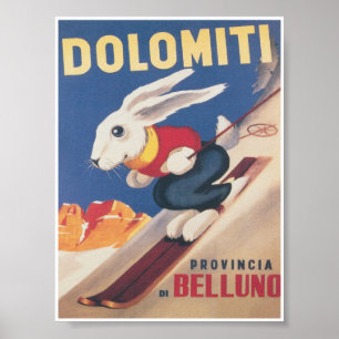 Dolomiti Italien Ski Bunny Vintage Reiseplan Poster