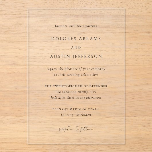 Dolores Classic Elegante Wedding Acryleinladungen (Vorderseite)