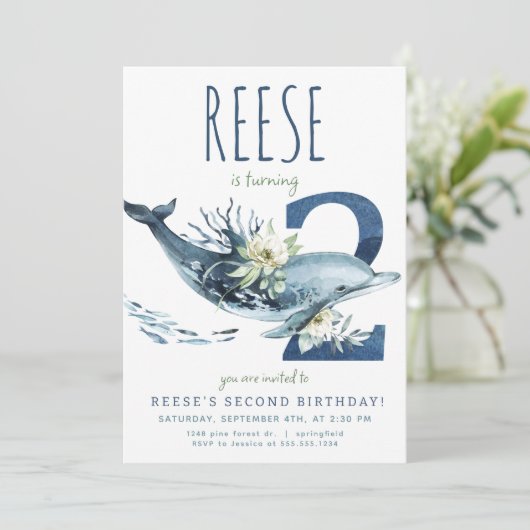 Dolphin 2. Geburtstag Einladung (Stehend Vorderseite)