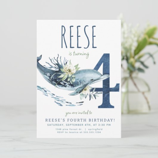 Dolphin 4. Geburtstag Einladung (Stehend Vorderseite)