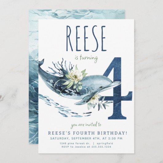 Dolphin 4. Geburtstag Einladung (Vorne/Hinten)