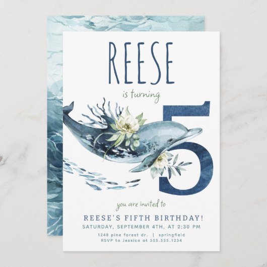 Dolphin 5. Geburtstag Einladung (Vorne/Hinten)