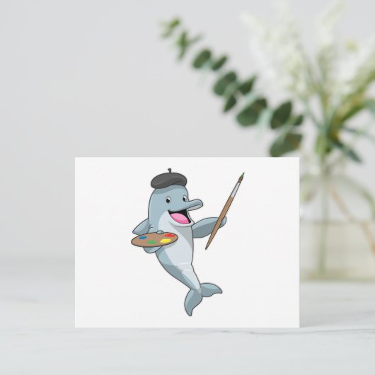 Dolphin als Maler mit Pinsel und Farbe Postkarte (Stehend Vorderseite)