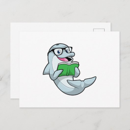 Dolphin als Nerd mit Brille & Book Postkarte (Vorne/Hinten)