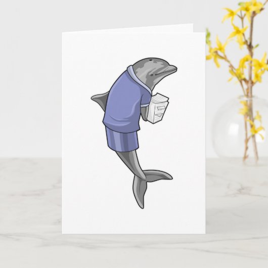 Dolphin als Sekretär mit Papierstapel Karte (Gelbe Blume)