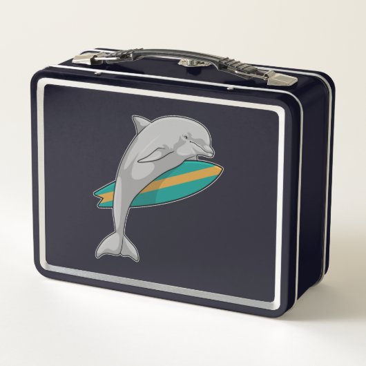 Dolphin als Surfer mit Surfbrett Metall Brotdose (Rückseite)