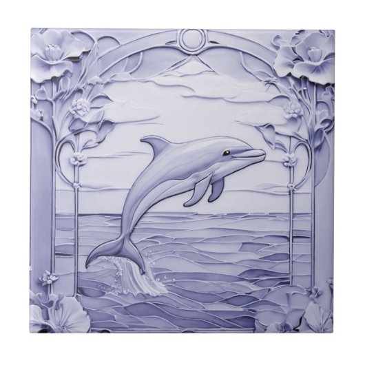 Dolphin Art Nouveau Imitats Relief Blue & White Ri Fliese (Vorderseite)