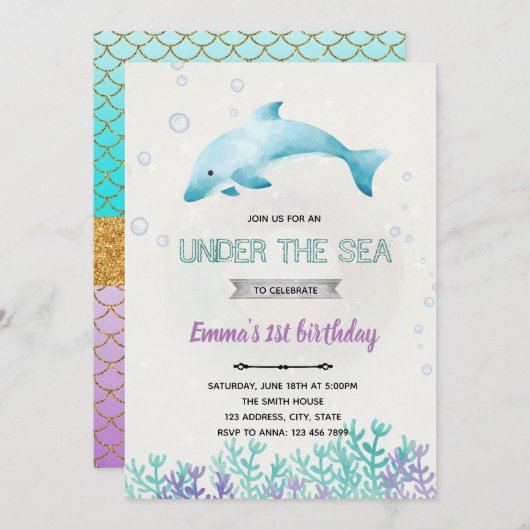 Dolphin-Babydusche Einladung (Vorne/Hinten)