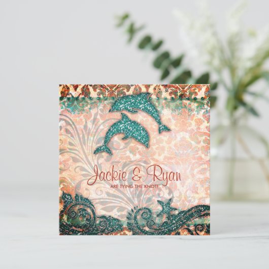 Dolphin Beach Hochzeitsreise Aquamarin Einladung (Stehend Vorderseite)