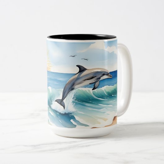 Dolphin Beach Scene Zweifarbige Tasse (VorderseiteRechts)