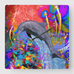 Dolphin Color Splash Quadratische Wanduhr